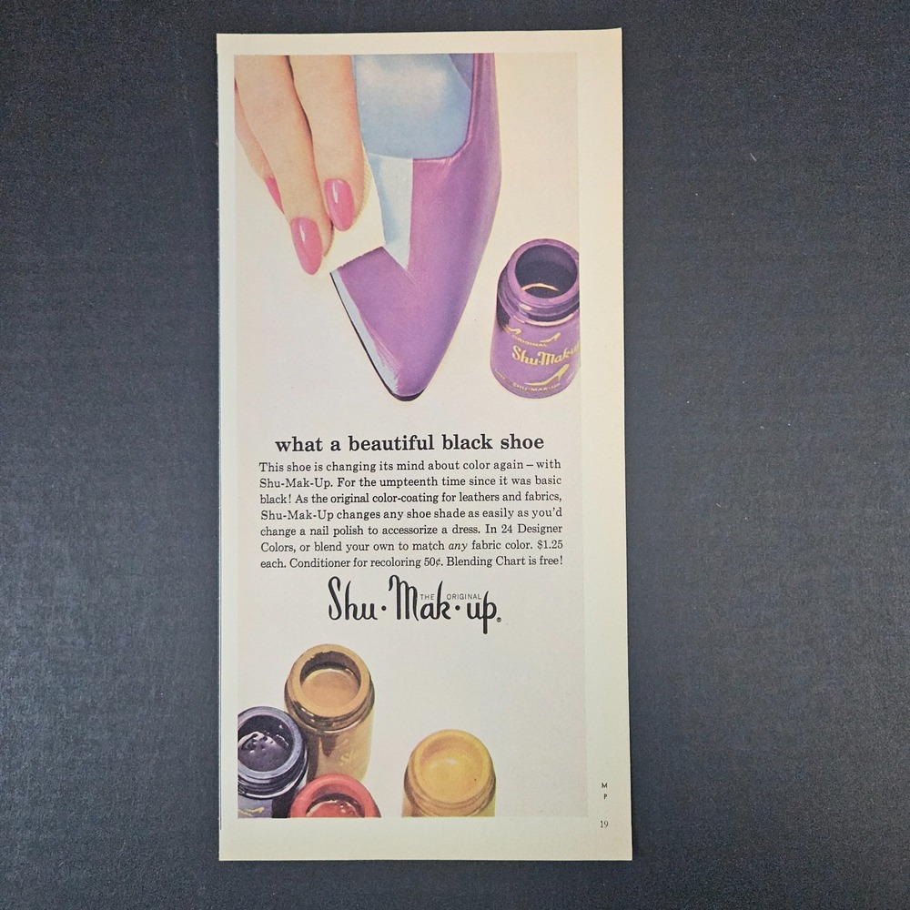 1964 Shu-Mak-Up Color-Coating Paint For‎ Shoes Vintage Print Ad Leathers Fabrics